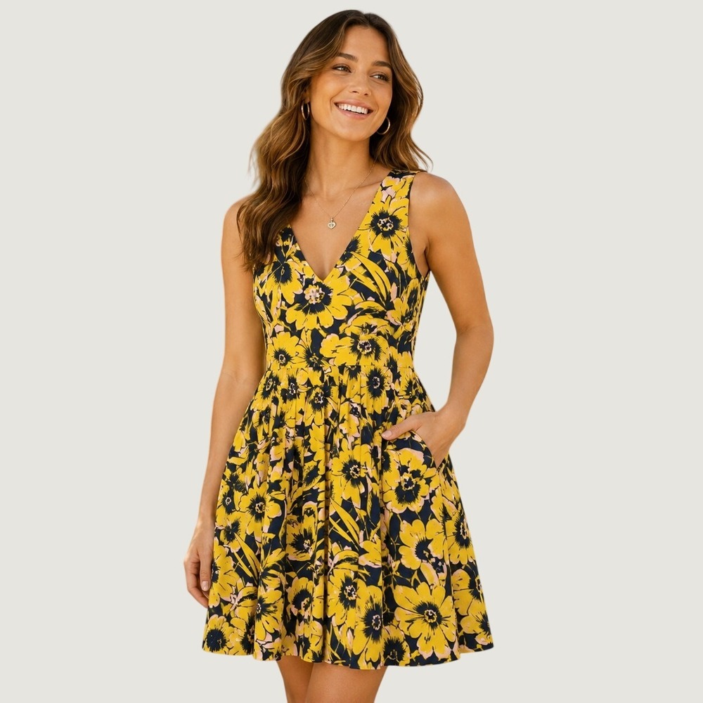 J. Crew Dress Women 6 Yellow Floral Fit & Flare Sleeveless V- Neck Sunflower NEW